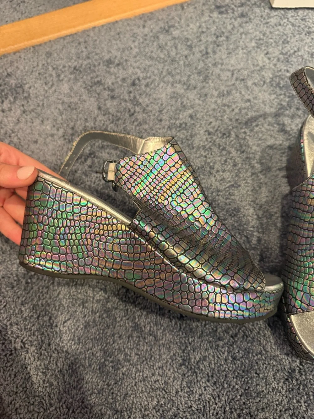 Iridescent Snake-Print Wedge Slingback Sandals - Metallic Multicolor